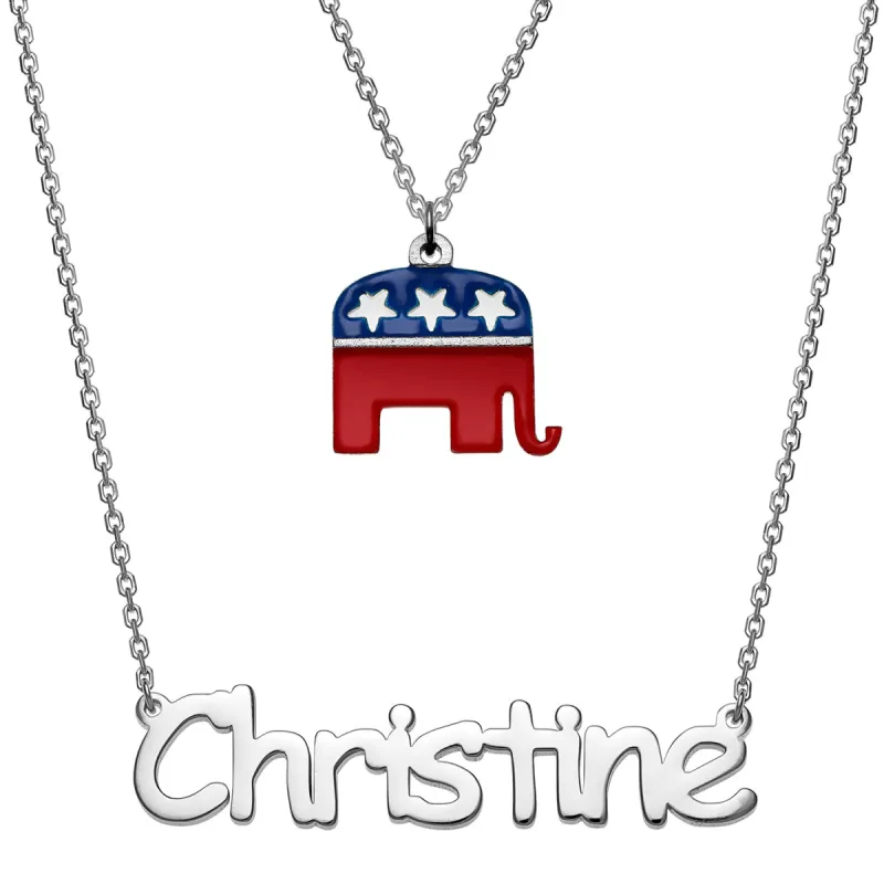 Patriotic Name with Enamel Elephant Charm Layered Double Necklace sold by Limoges Jewelry