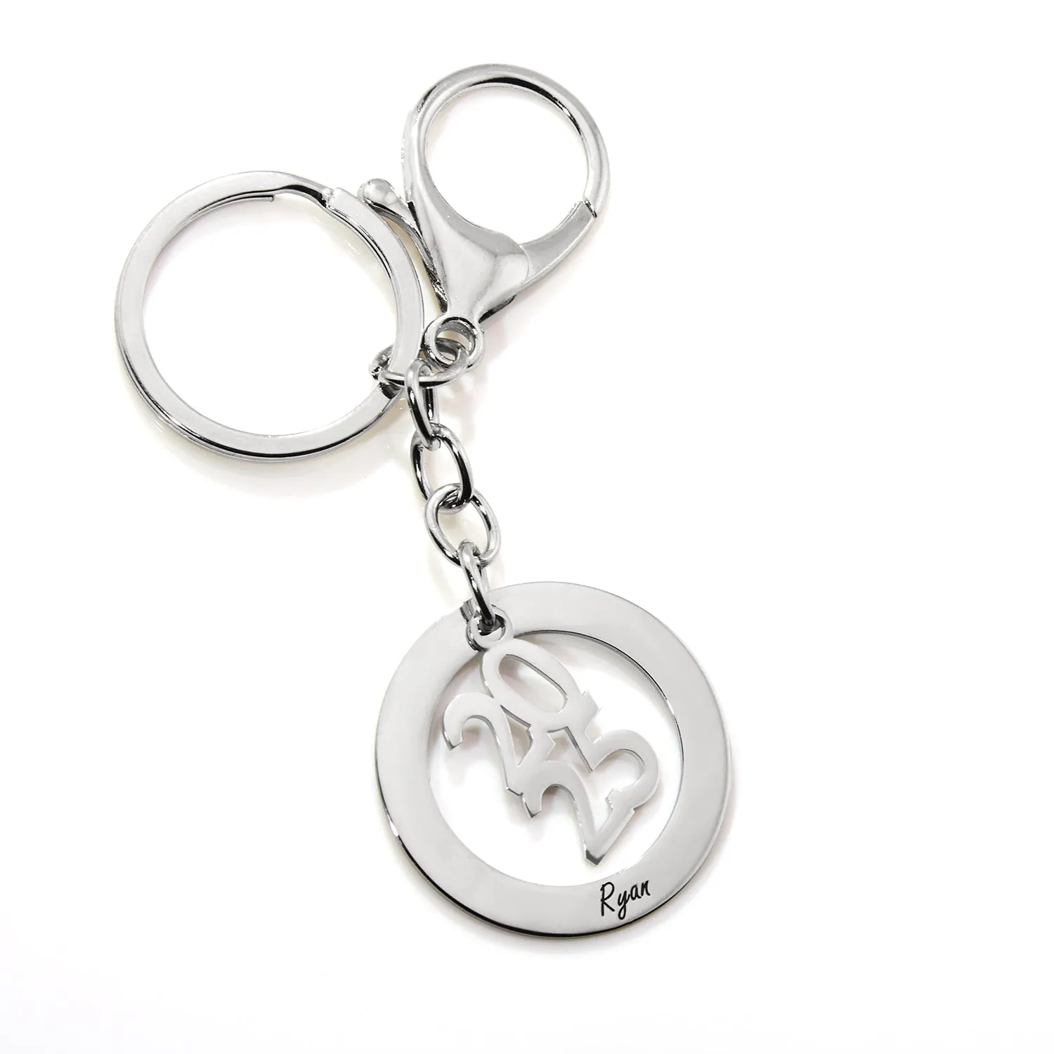 Silvertone and Stainless Steel Personalized Year and Engraved Open Circle Keychain sold by Limoges Jewelry