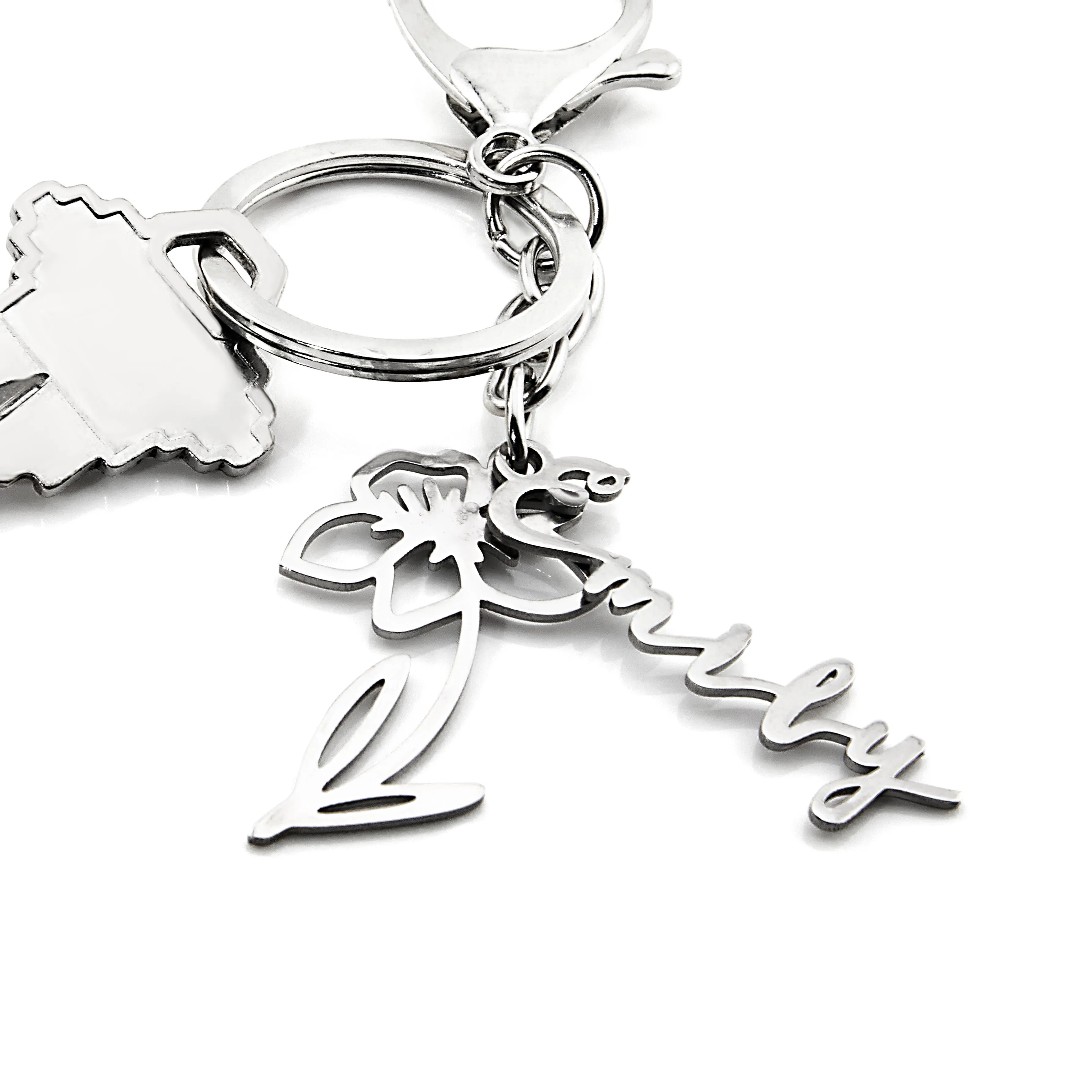 Silvertone and Stainless Steel Script Name and Birth Month Flower Keychain sold by Limoges Jewelry product image thumbnail 3