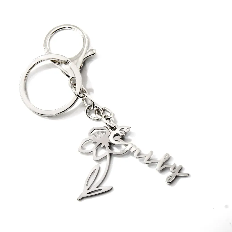 Silvertone and Stainless Steel Script Name and Birth Month Flower Keychain made by Limoges Jewelry