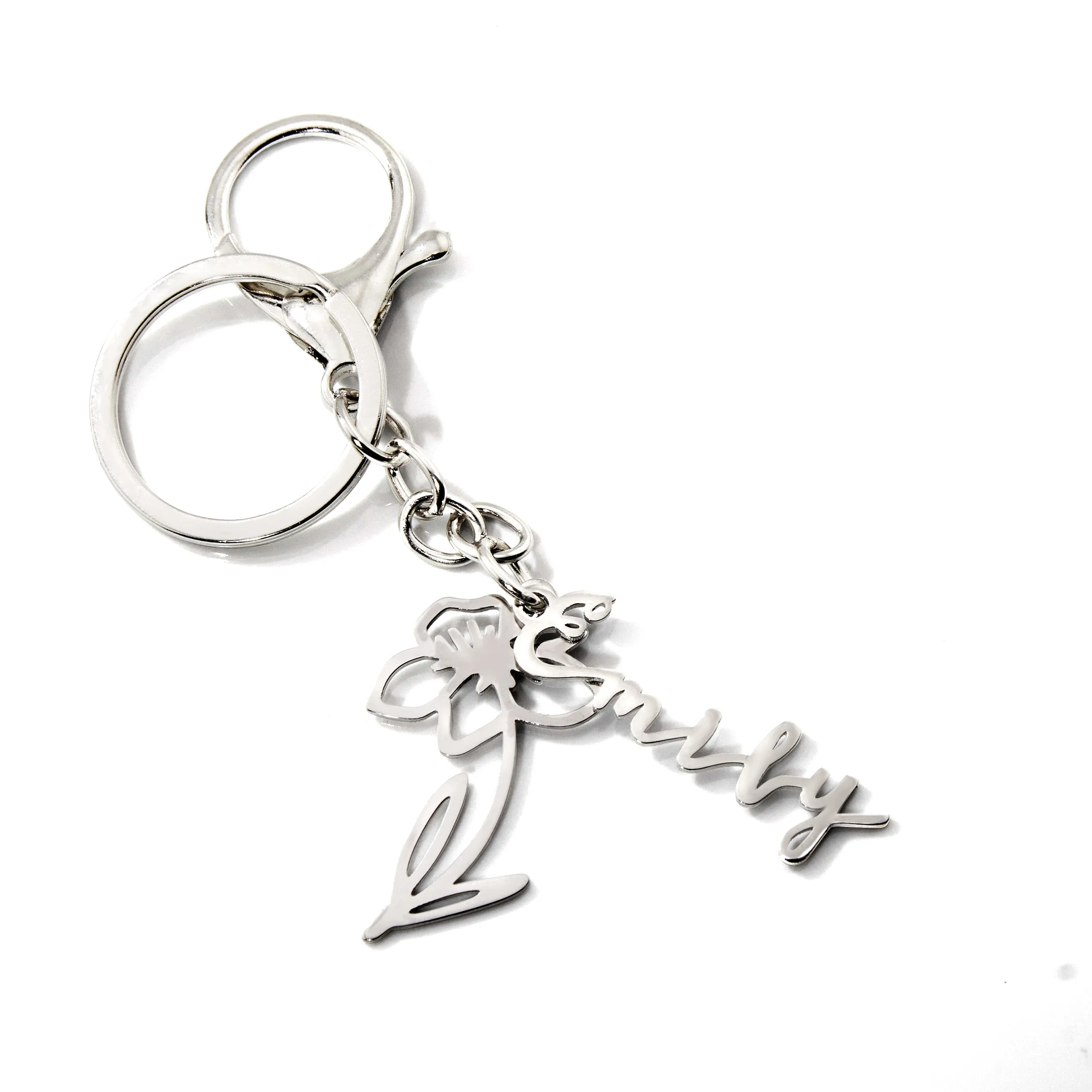 Silvertone and Stainless Steel Script Name and Birth Month Flower Keychain sold by Limoges Jewelry