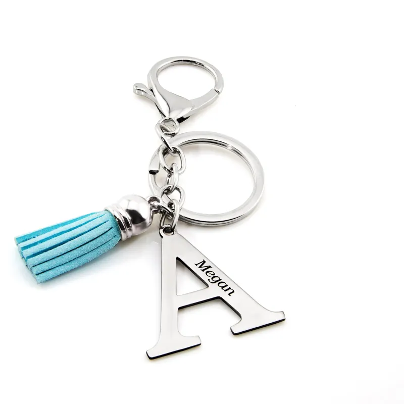 Stainless Steel Initial with Engraved Name and Tassle Keychain sold by Limoges Jewelry