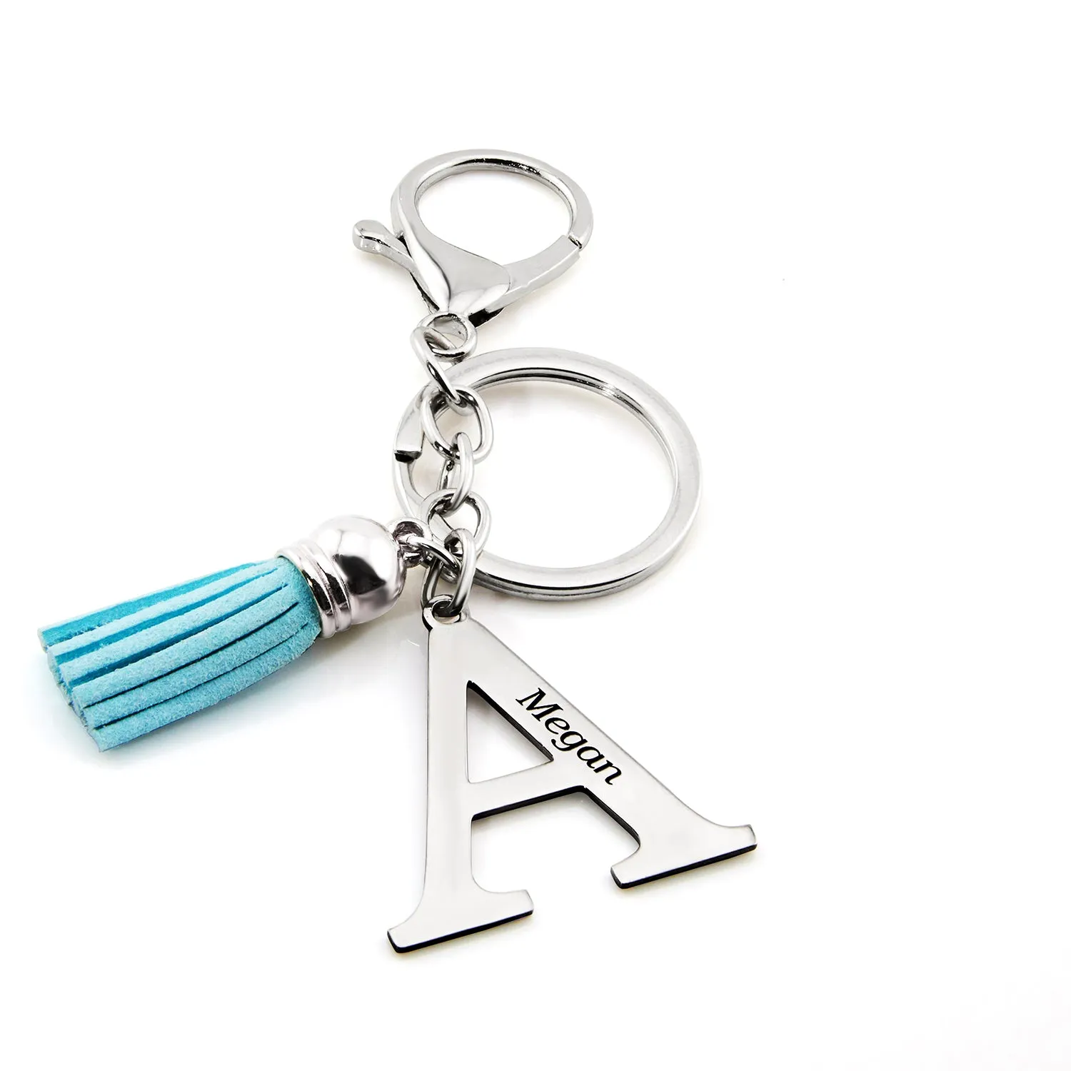Stainless Steel Initial with Engraved Name and Tassle Keychain sold by Limoges Jewelry