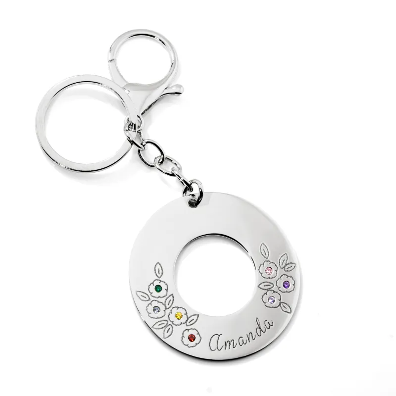 Stainless Steel Engraved Name and Birthstone Flowers Open Circle Keychain made by Limoges Jewelry