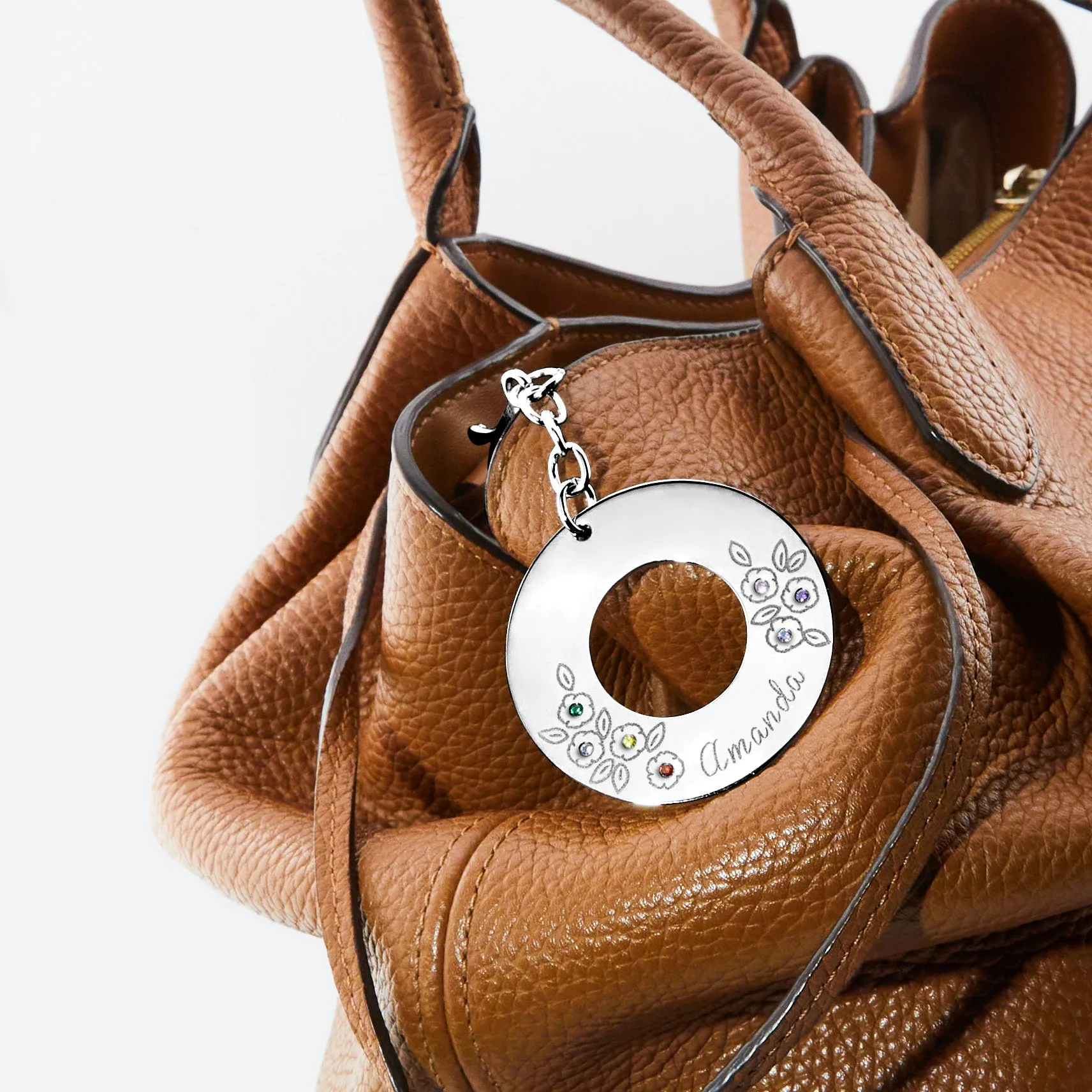 Stainless Steel Engraved Name and Birthstone Flowers Open Circle Keychain sold by Limoges Jewelry product image thumbnail 2