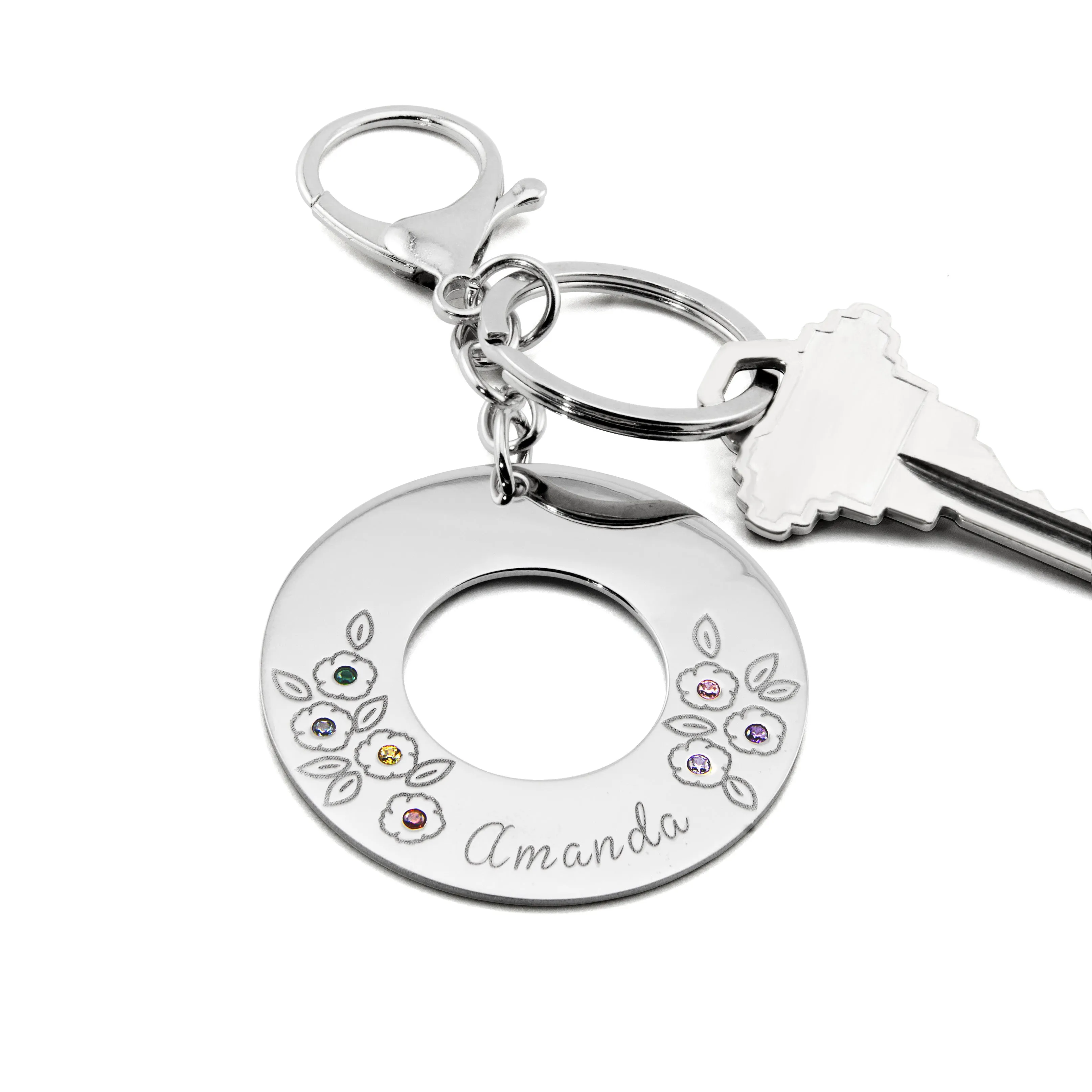Stainless Steel Engraved Name and Birthstone Flowers Open Circle Keychain sold by Limoges Jewelry product image thumbnail 3
