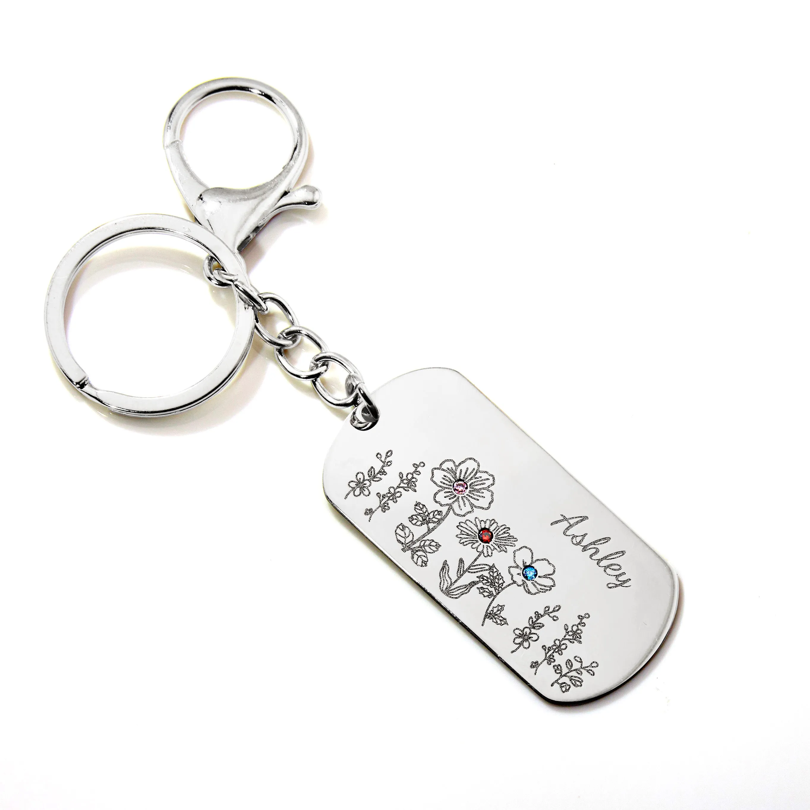 Stainless Steel Personalized Name and Birthstone Flowers Keychain sold by Limoges Jewelry