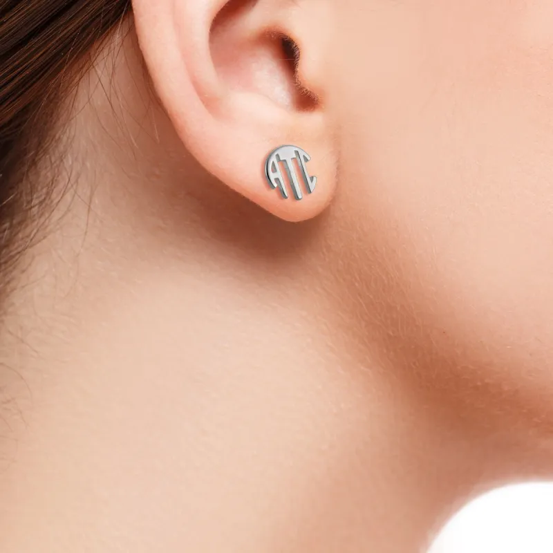 10K White Gold Circle Monogram Earrings made by Limoges Jewelry