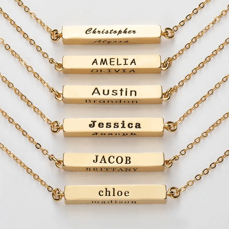 14K Gold Plated Horizontal 4-Sided Engraved Family Name Necklace sold by Limoges Jewelry