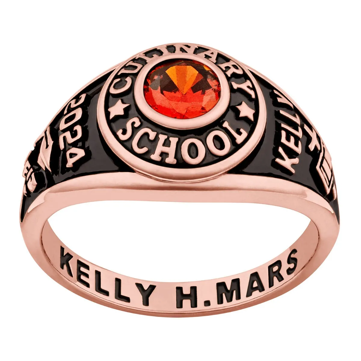 Ladies' Rose Yellow Celebrium Traditional Round Birthstone Class Ring sold by Limoges Jewelry