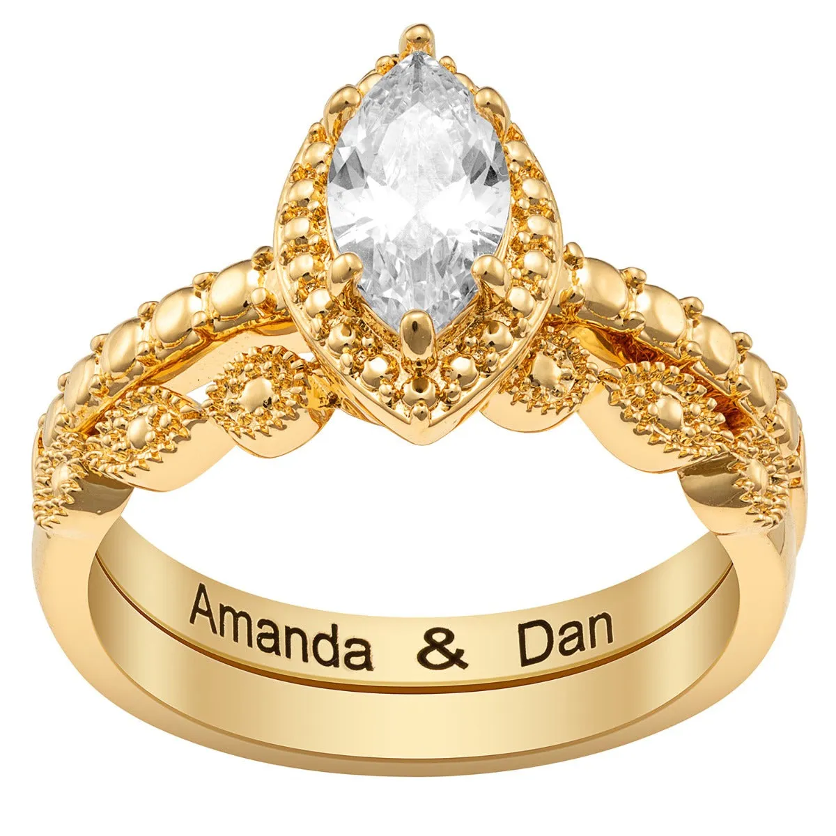14K Gold Plated Marquise Stone 2 Piece Wedding Ring Set sold by Limoges Jewelry