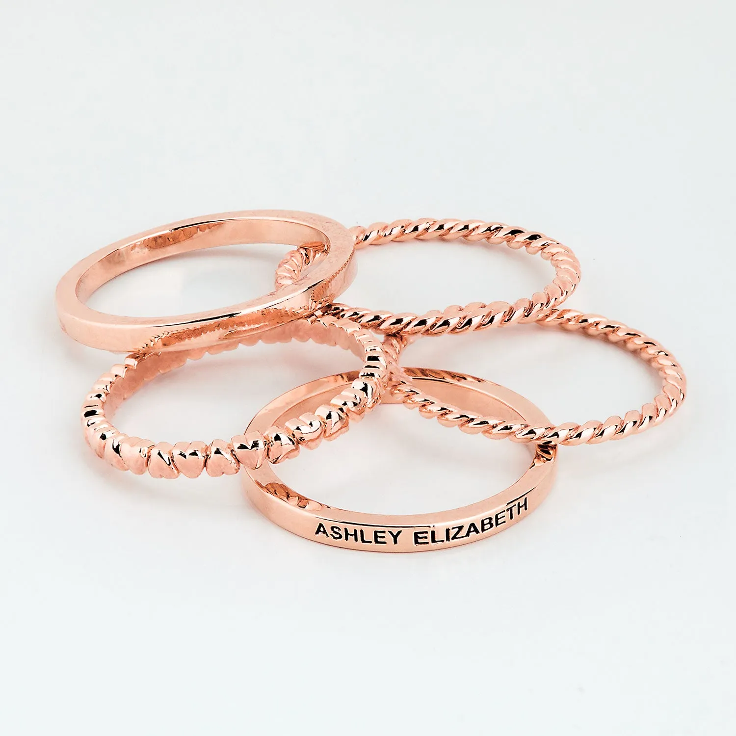 Rose Gold Plated Personalized Roped and Petite Heart Stackable 5 Ring Set sold by Limoges Jewelry product image thumbnail 4