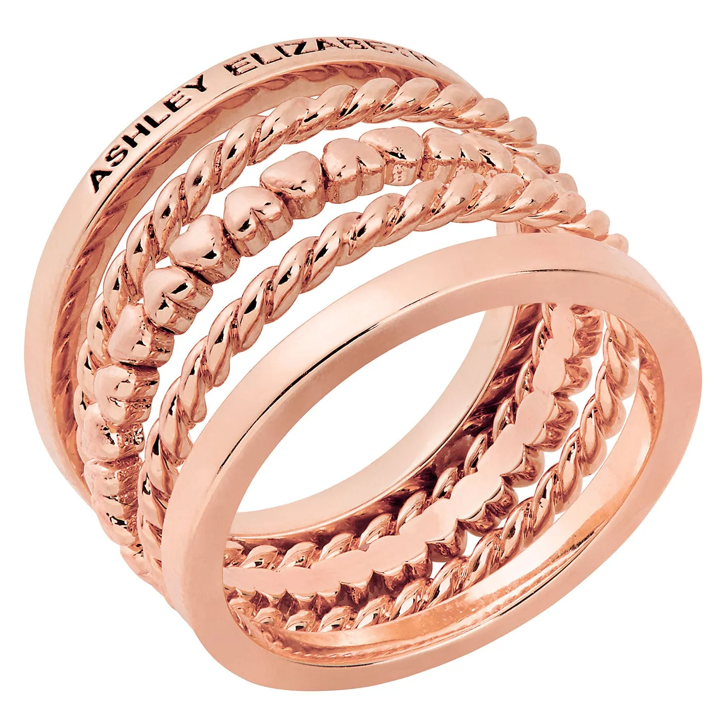 Rose Gold Plated Personalized Roped and Petite Heart Stackable 5 Ring Set sold by Limoges Jewelry product image thumbnail 3