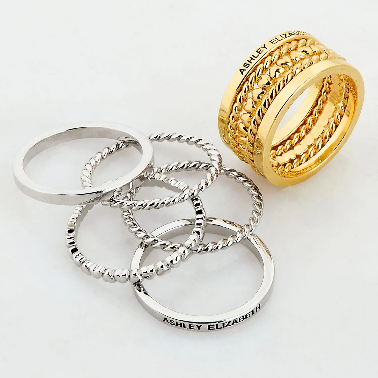 Rose Gold Plated Personalized Roped and Petite Heart Stackable 5 Ring Set sold by Limoges Jewelry product image thumbnail 5