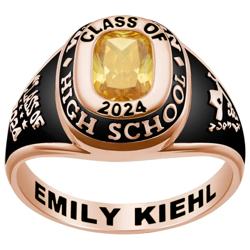 Ladies' 14K Rose Gold Plated Traditional Cushion Birthstone Class Ring sold by Limoges Jewelry