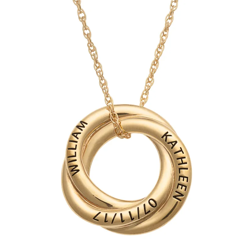 14K Gold over Sterling Couples Name and Date Circle Knot Pendant sold by Limoges Jewelry