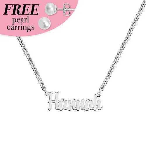 Sterling Silver Script Name Plaque with Free Freshwater Pearl Earrings sold by Limoges Jewelry