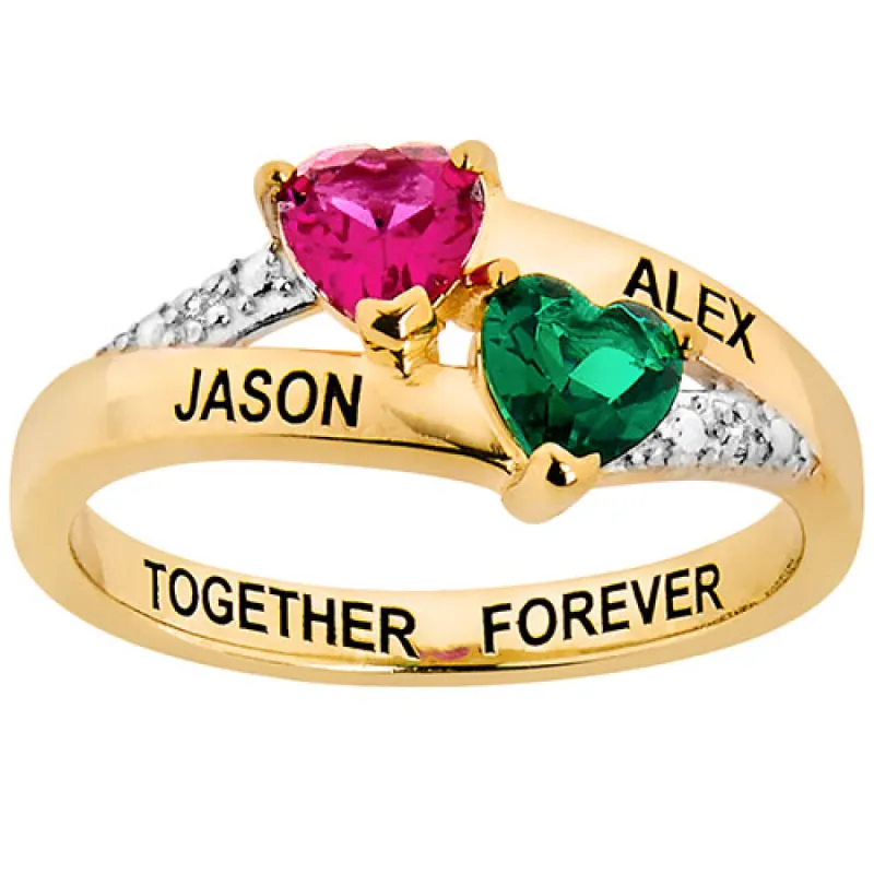 14K Gold over Sterling Couple's Birthstone Heart Diamond Accent Ring sold by Limoges Jewelry