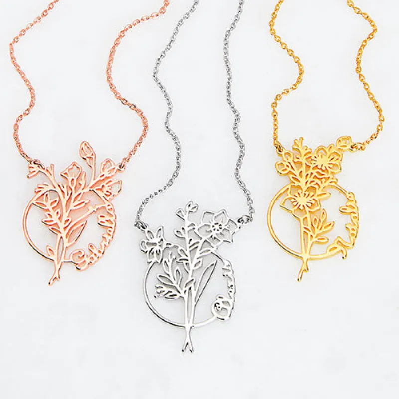 Sterling Silver Birthmonth Flower and Name Circle Necklace sold by Limoges Jewelry