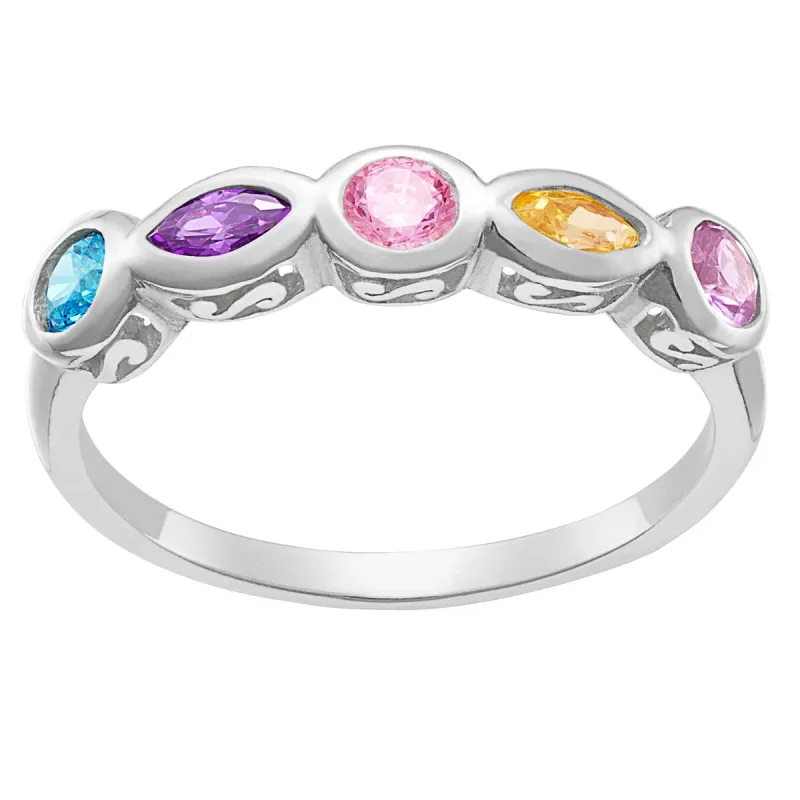 Sterling Silver Marquise and Round Birthstone Ring - 5 Stones sold by Limoges Jewelry