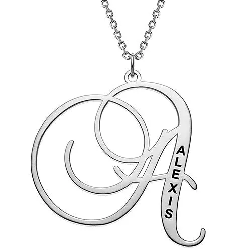 10K White Gold Initial With Engraved Name Necklace sold by Limoges Jewelry
