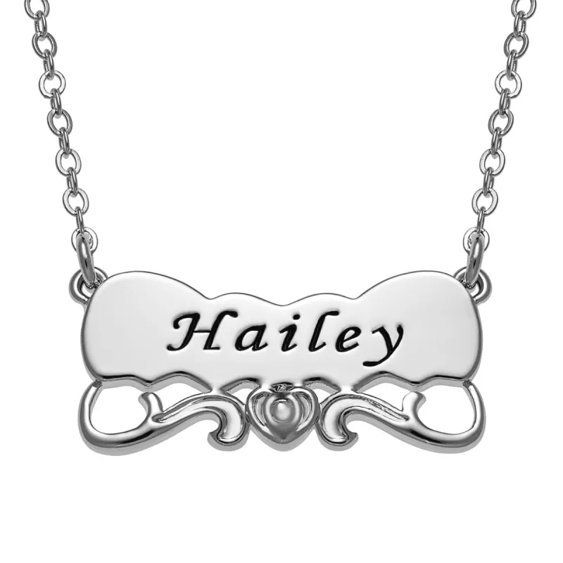 Engraved Name with Heart Scroll Plaque Necklace made by Limoges Jewelry