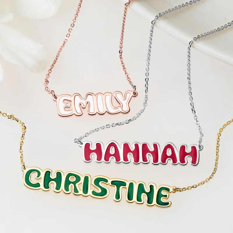 Sterling Silver Enamel Uppercase Bubble Name Plaque Necklace sold by Limoges Jewelry