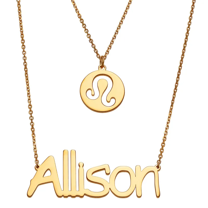14K Gold over Sterling Layered Name and Zodiac Symbol Necklace sold by Limoges Jewelry