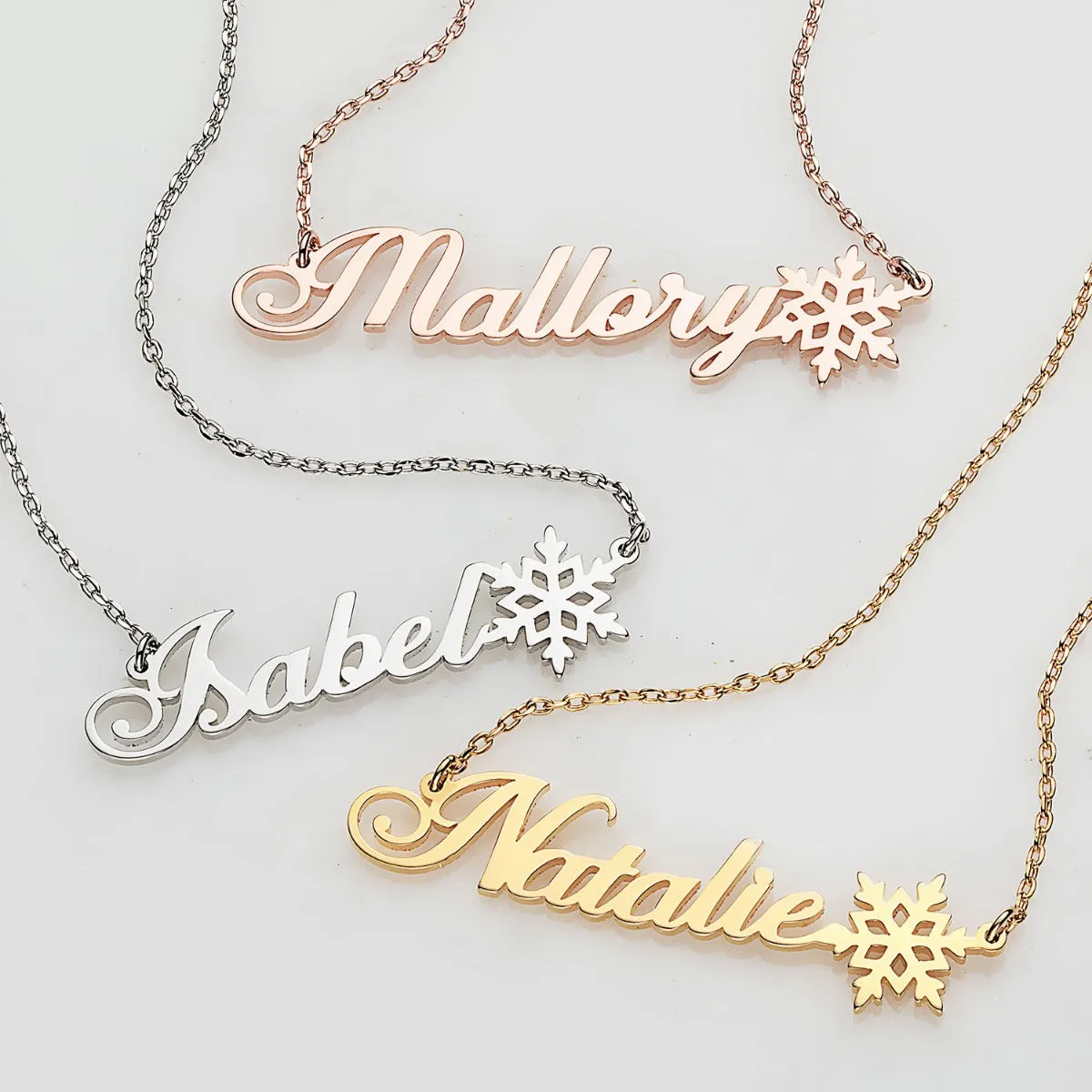Fancy Script Name with Snowflake Necklace sold by Limoges Jewelry