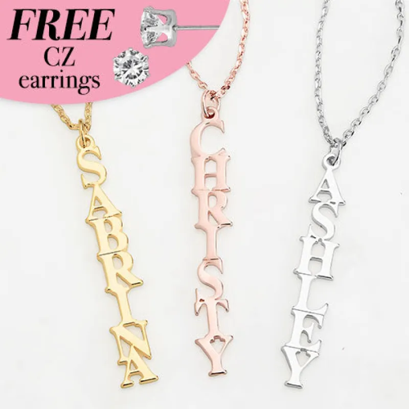Sterling Silver Vertical Uppercase Name with Free CZ Earrings sold by Limoges Jewelry