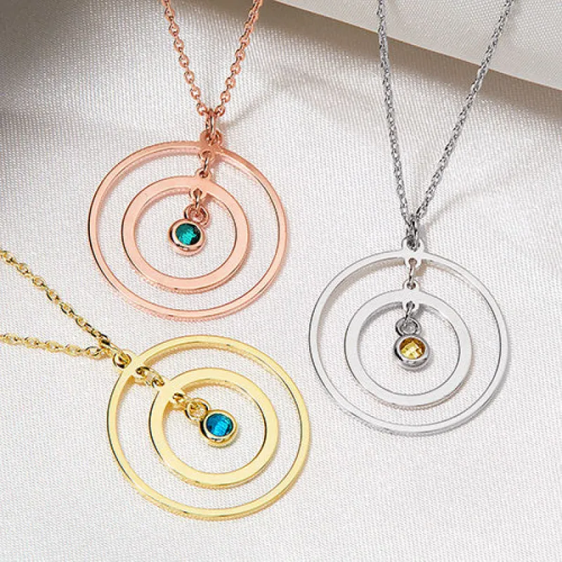 Sterling Silver Engraved Concentric Circles with Birthstone Pendant Necklace sold by Limoges Jewelry