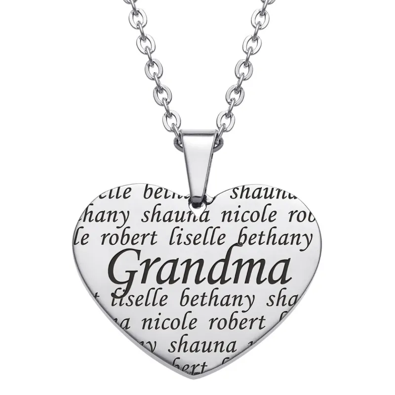 Everscribe Grandma Engraved Family Names Heart Necklace sold by Limoges Jewelry