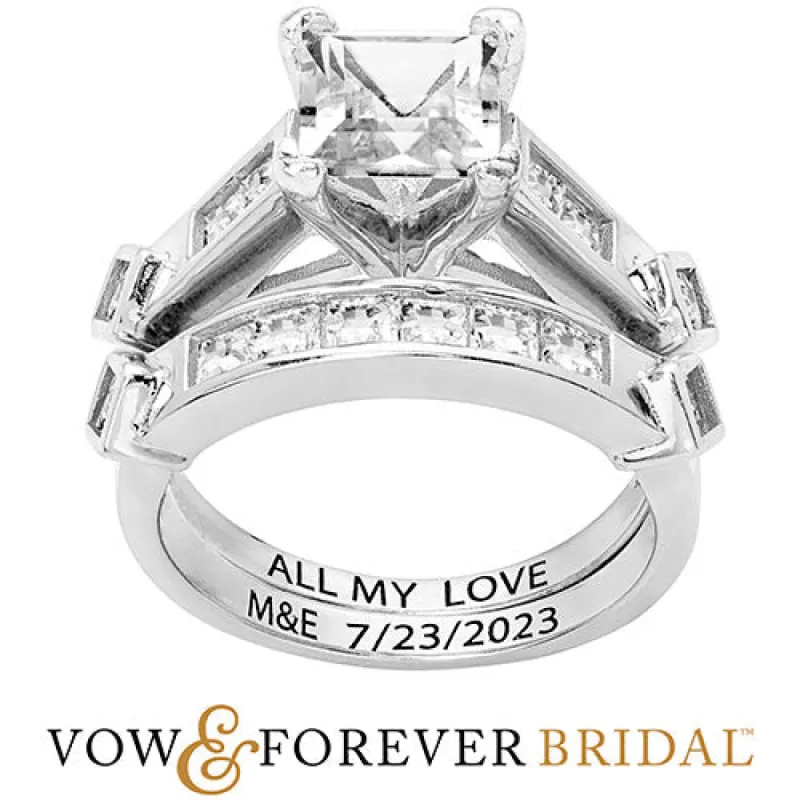 Platinum over Sterling Square White Topaz 2 Piece Engraved Wedding Set sold by Limoges Jewelry