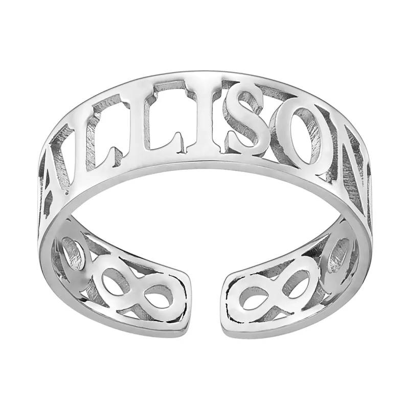 Sterling Silver Name with Open Infinity Ring sold by Limoges Jewelry