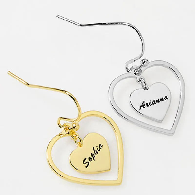 Engraved Double Heart Drop Earrings sold by Limoges Jewelry