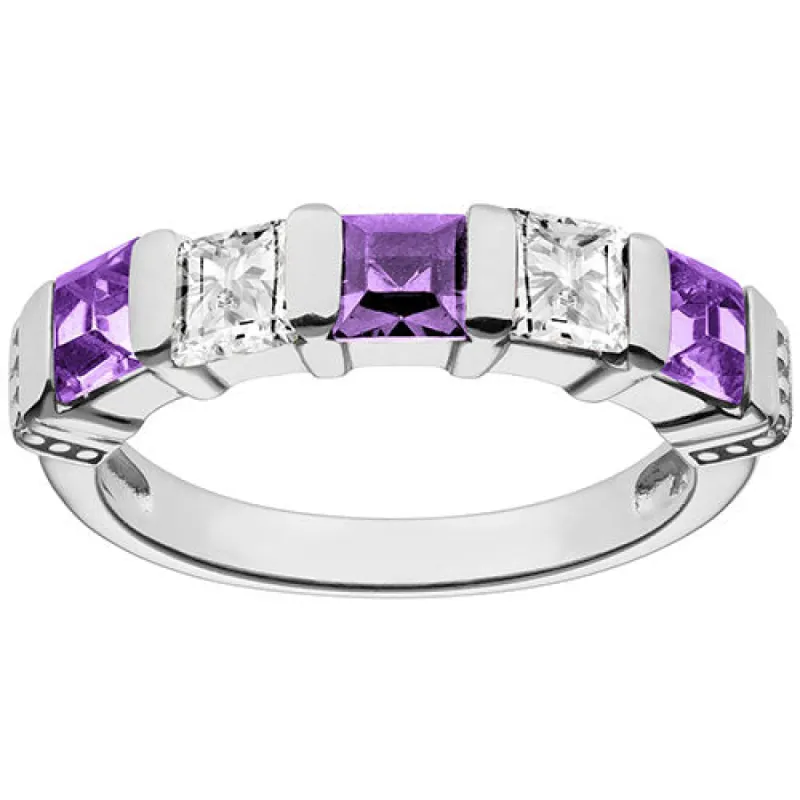 Silver Plated Simulated Amethyst and Clear Crystal 5 Stone Ring sold by Limoges Jewelry