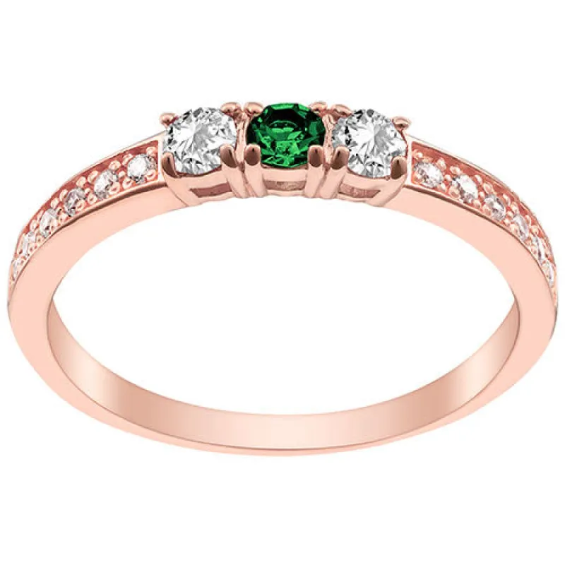 14K Rose Gold Plated Simulated Emerald and Clear Crystal 3-Stone Ring sold by Limoges Jewelry