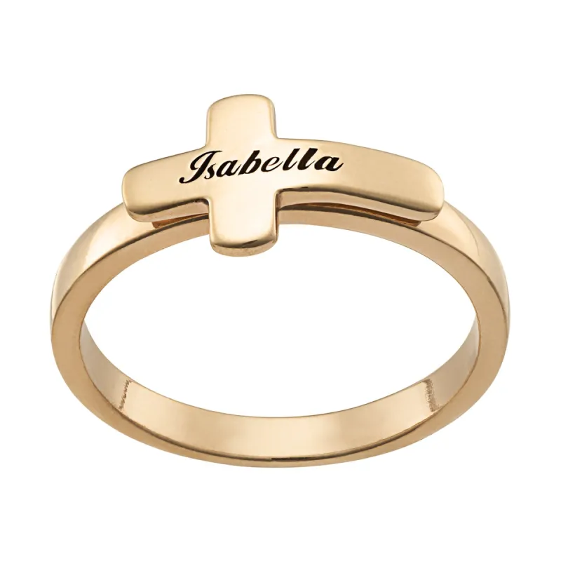 14K Gold over Sterling Engraved Name Cross Ring sold by Limoges Jewelry