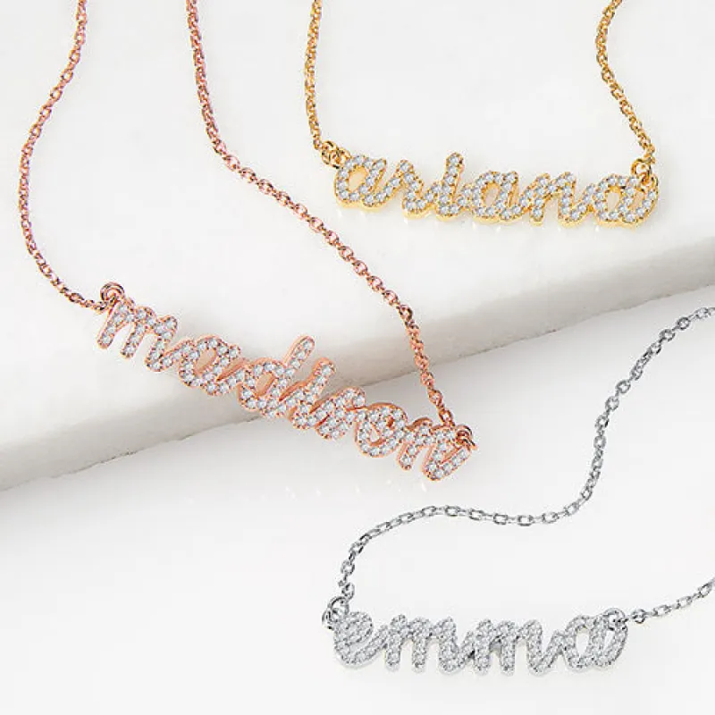 Pave CZ Lowercase Name Plaque Necklace sold by Limoges Jewelry