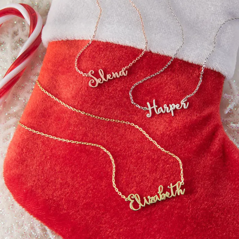 Sterling Silver Fancy Script Name Plaque with Free Stocking sold by Limoges Jewelry