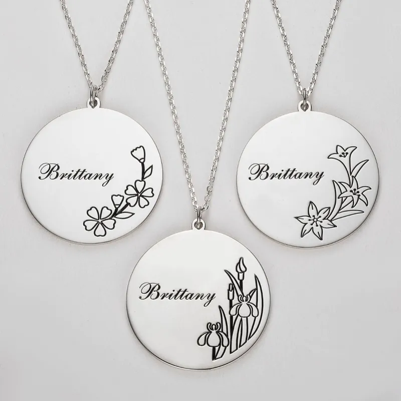 Silver Plated Engraved Name and Birth Flower Necklace sold by Limoges Jewelry