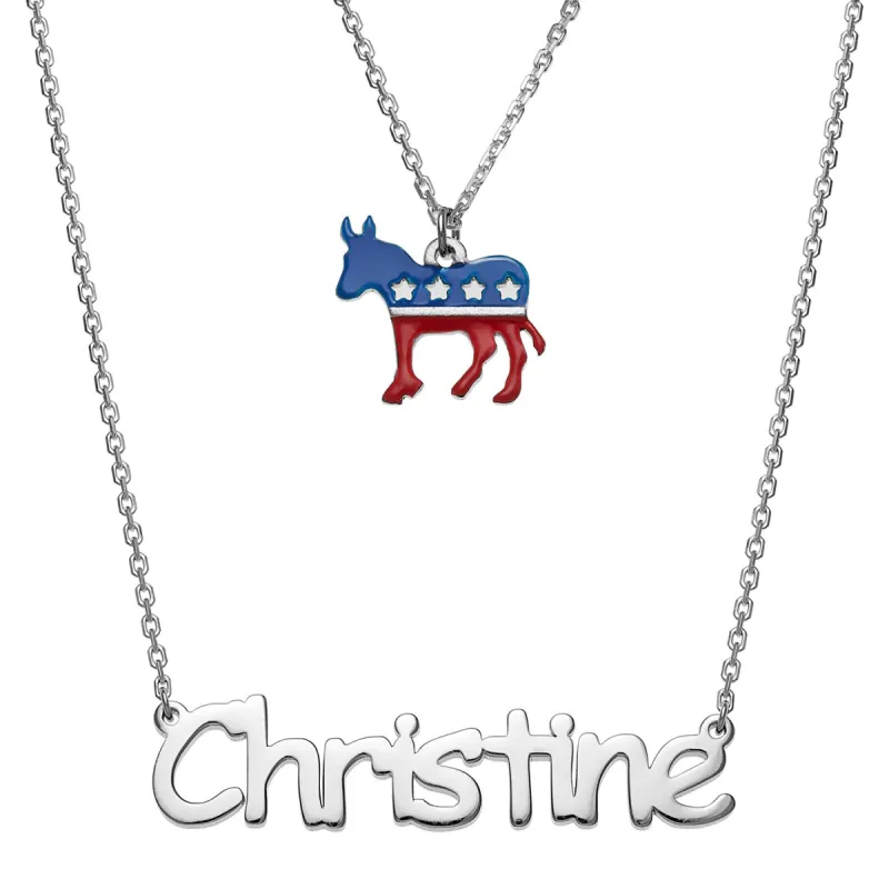 Patriotic Name with Enamel Donkey Charm Layered Double Necklace sold by Limoges Jewelry