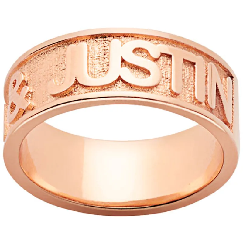 14K Rose Gold Plated Embossed Double Name Band Ring sold by Limoges Jewelry