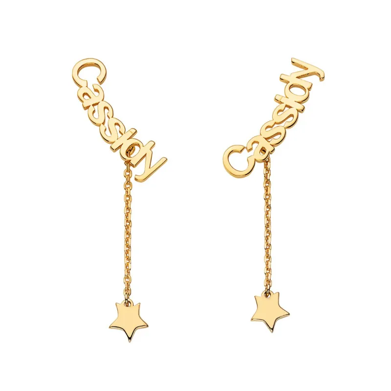14K Gold over Sterling Name with Star Charm Dangle Crawler Earrings sold by Limoges Jewelry