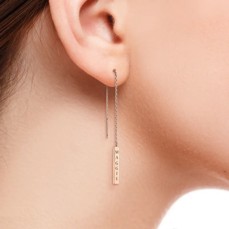 Engraved Name Mini Bar Threader Earrings sold by Limoges Jewelry
