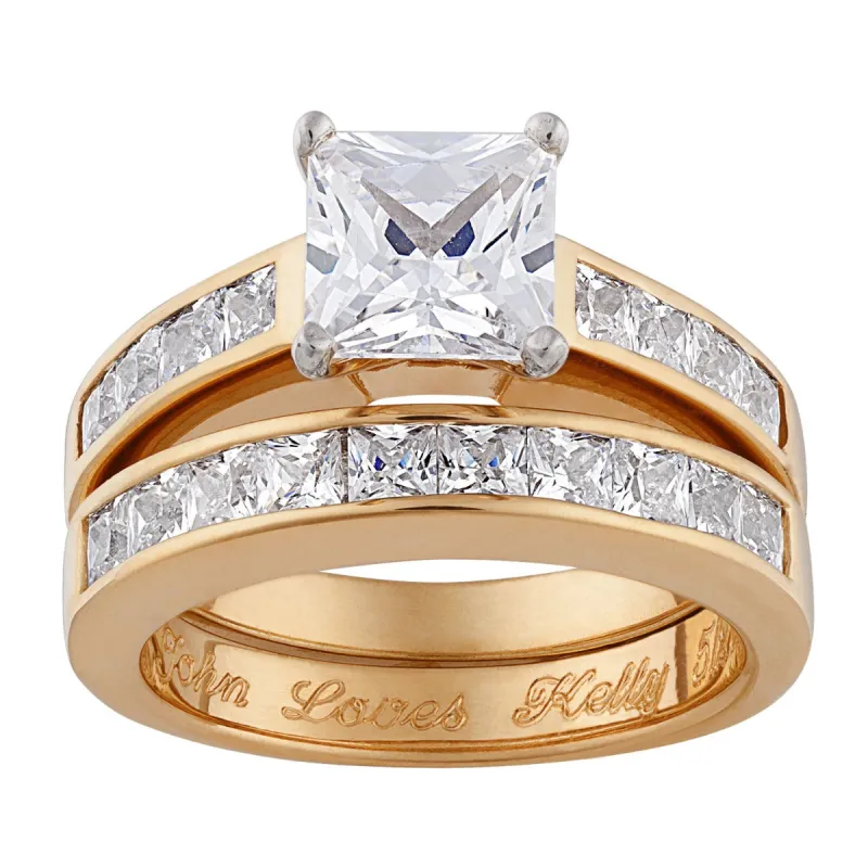 14K Gold over Sterling Square CZ 2 Piece Engraved Wedding Ring Set sold by Limoges Jewelry