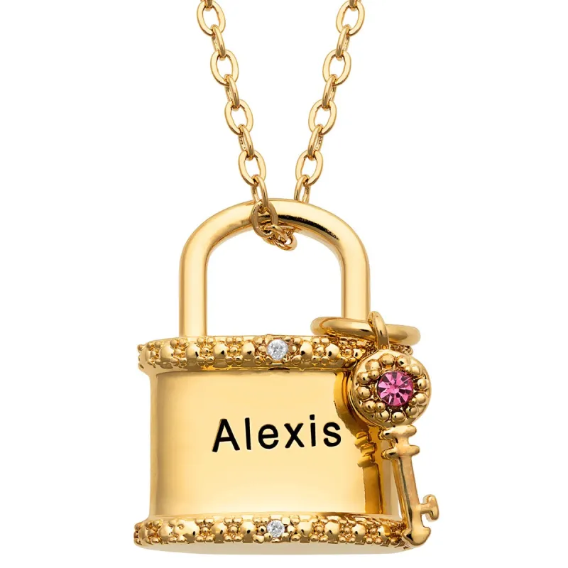 14K Gold Plated Engraved Name and Birthstone Diamond Accent Lock and Key Necklace sold by Limoges Jewelry