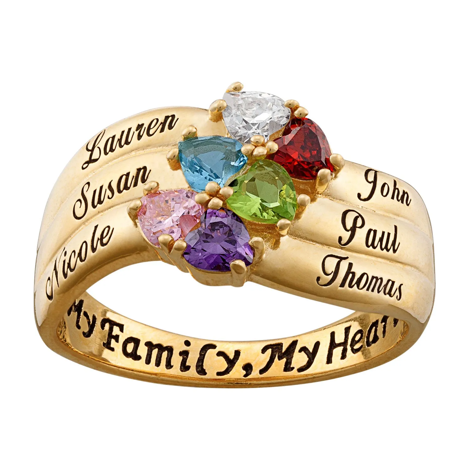 18K Gold Over Sterling Heart-Shaped Birthstone & Name Family Ring sold by Limoges Jewelry