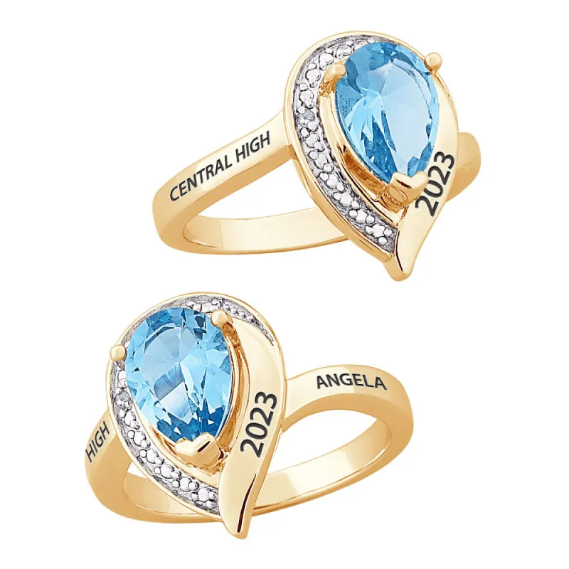 10K Yellow Gold Pear Birthstone and Diamond Class Ring sold by Limoges Jewelry