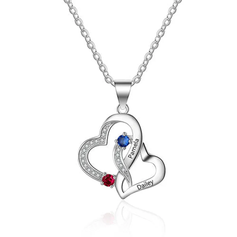 Sterling Silver Engraved Birthstone Double Heart with CZ  Necklace sold by Limoges Jewelry